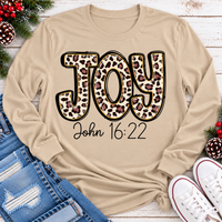 JOY John 16:22 leopard print Christmas graphic apparel available in four styles and two colors.