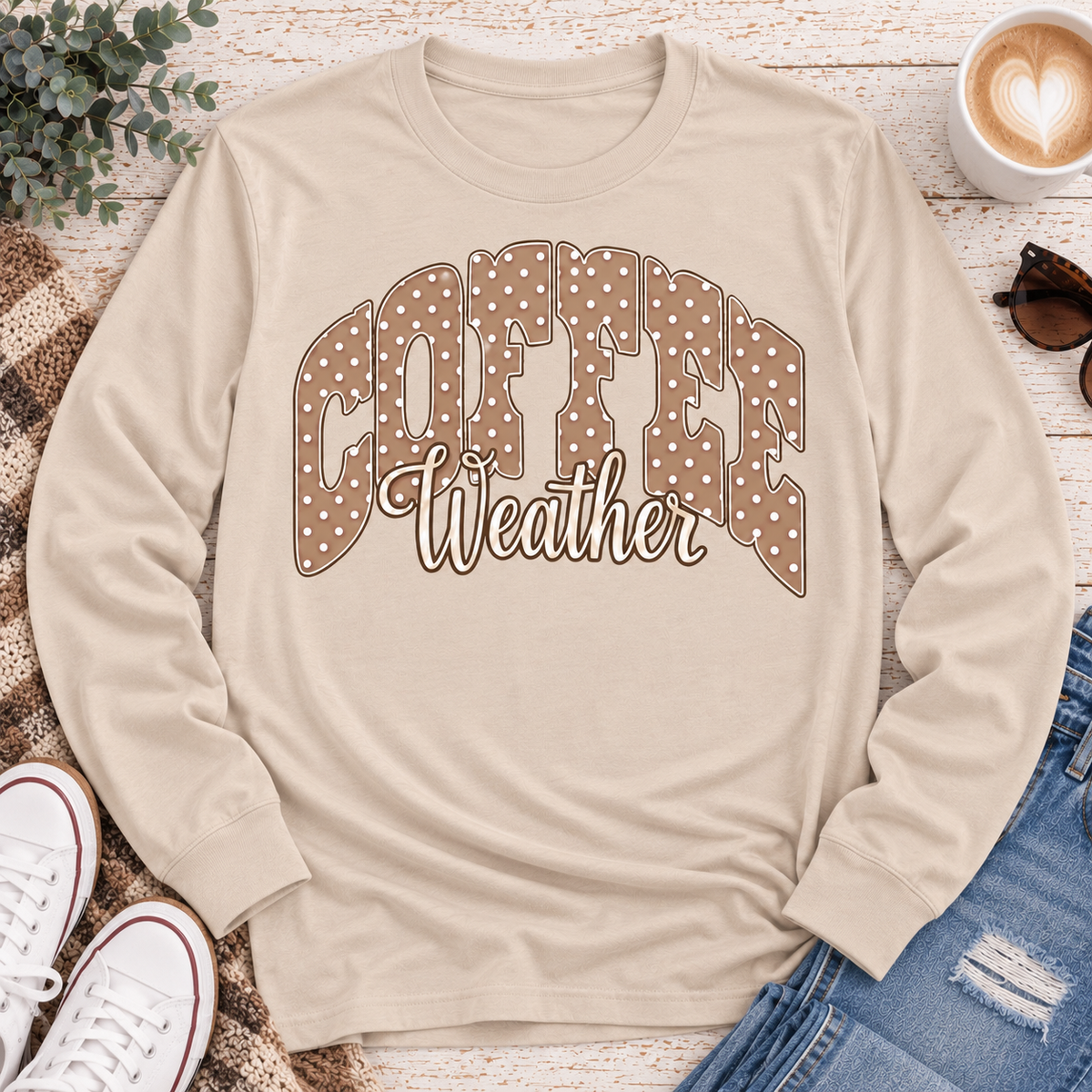 Coffee Weather polka dot graphic shirt available in brown and beige V-neck, crewneck tee, long sleeve tee and hoodie styles.