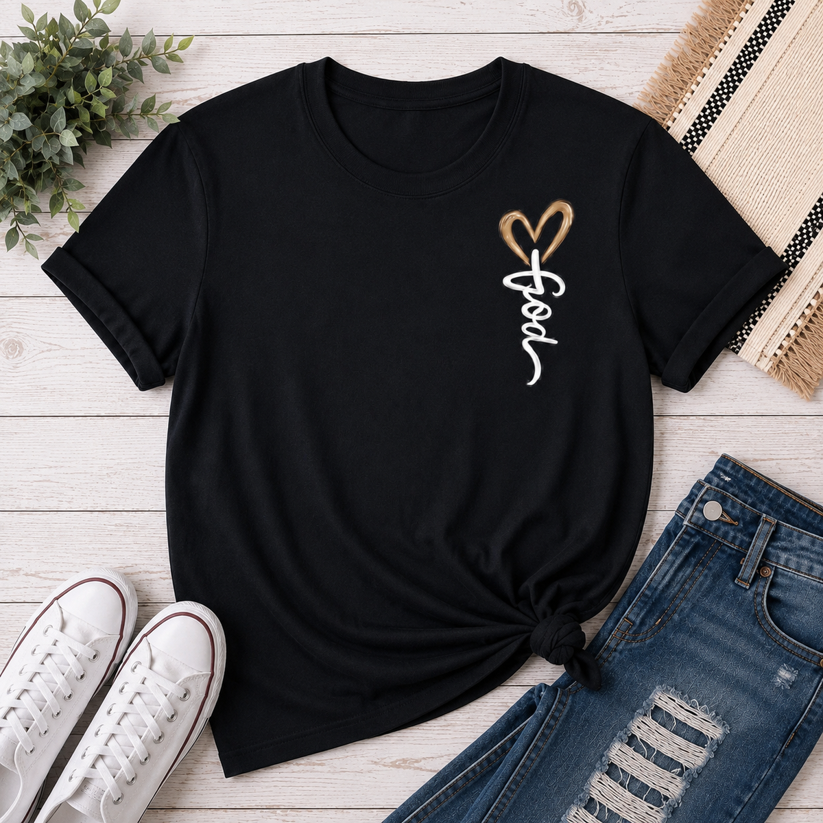 Front: Black Christian graphic tee featuring a small white Jesus script design with a brown heart on the front chest.