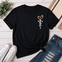 Front: Black Christian graphic tee featuring a small white Jesus script design with a brown heart on the front chest.