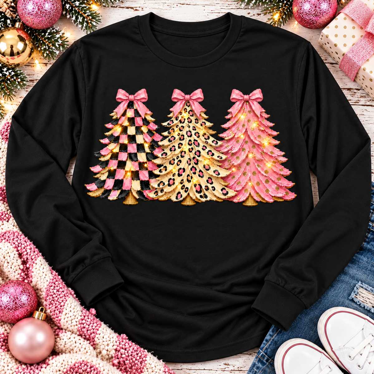 Pink leopard and checkered Christmas trees graphic apparel for women in pink and black