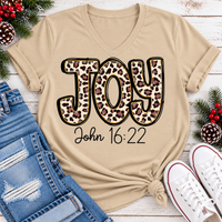 JOY John 16:22 leopard print Christmas graphic apparel available in four styles and two colors.