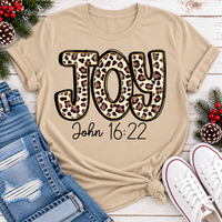 JOY John 16:22 leopard print Christmas graphic apparel available in four styles and two colors.