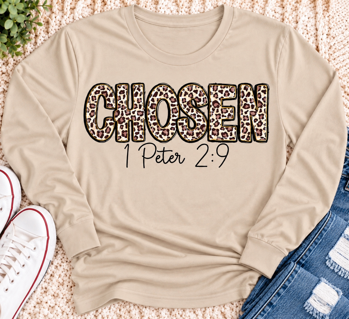 CHOSEN 1 Peter 2:9 leopard print Christian graphic apparel for women in red and beige
