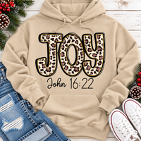 JOY John 16:22 leopard print Christmas graphic apparel available in four styles and two colors.