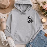 Gray graphic hoodie featuring a small black skeleton hand and “Wife Life” design on the front chest.