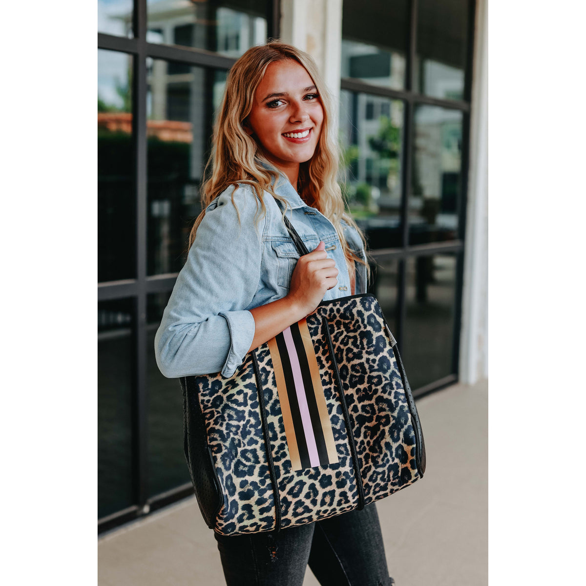 Ready to Ship  | The Sierra - Pink Stripe Leopard Neoprene Bag