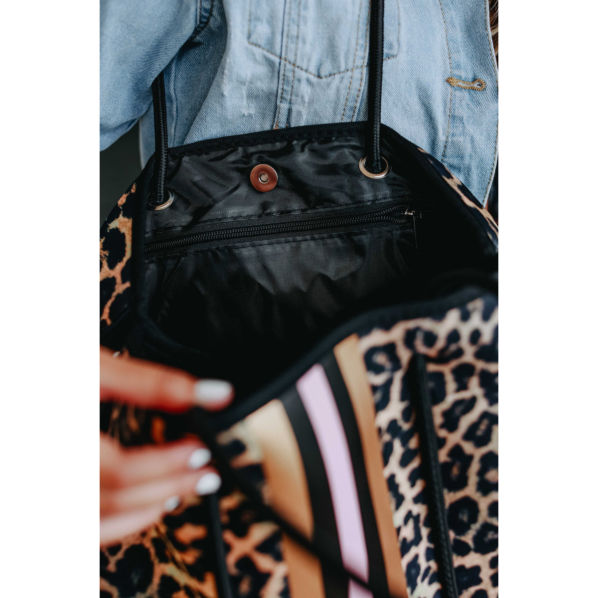 Ready to Ship  | The Sierra - Pink Stripe Leopard Neoprene Bag