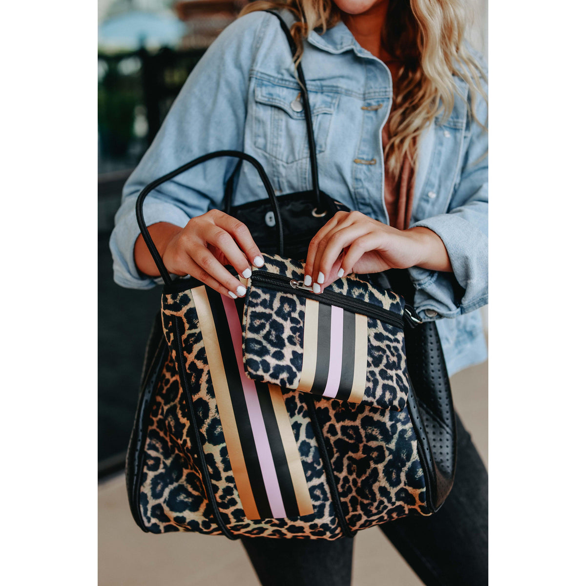 Ready to Ship  | The Sierra - Pink Stripe Leopard Neoprene Bag